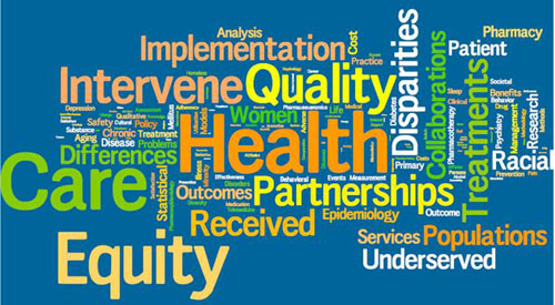 Word cloud with Health Equity terms like care, quality, health, partnerships, intervene and more.
